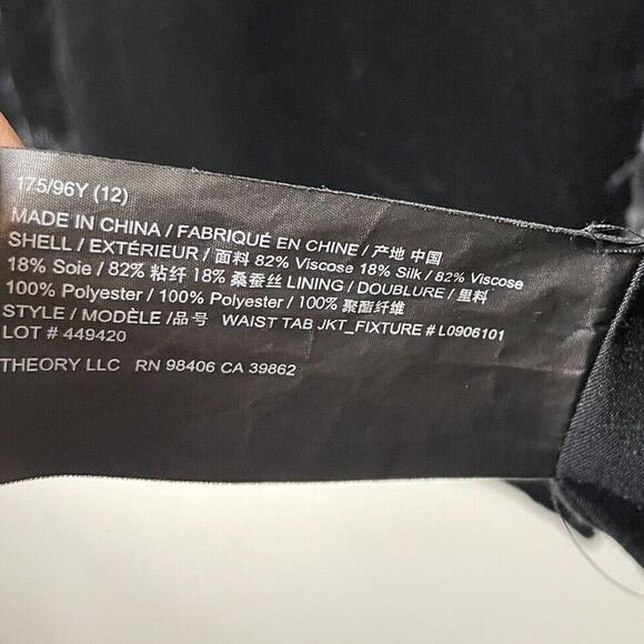 THEORY Velvet Blazer Women 12 Black Waist Tab 1-Button Viscose Silk Jacket - Picture 16 of 16